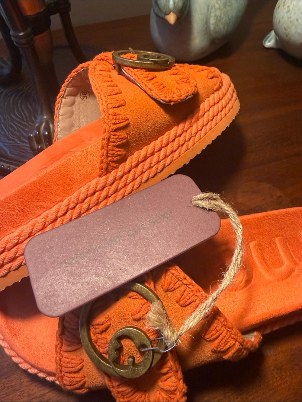 Mou Orange Suede Slide Sandals with Rope Trim